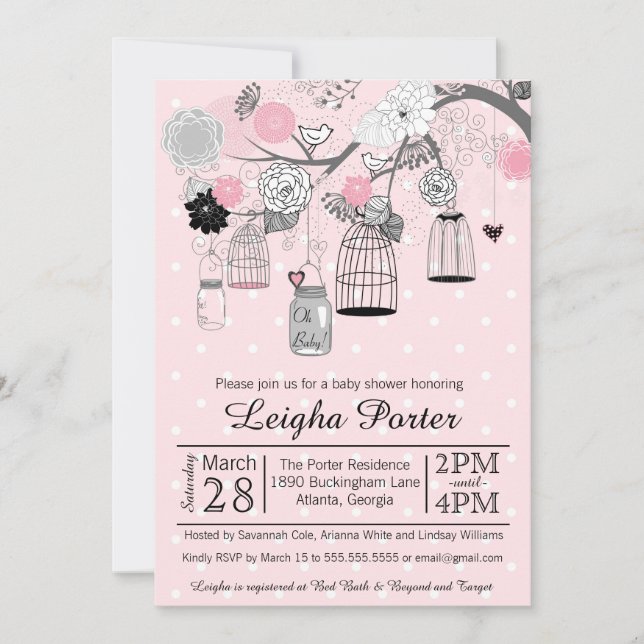 Pink Black Grey Bird Cages & Jars Girl Baby Shower Invitation (Front)