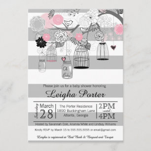 Pink Black Grey Bird Cages & Jars Girl Baby Shower Invitation