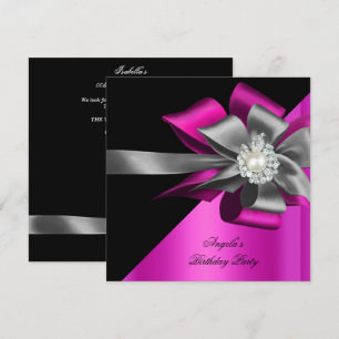 Pink Black Grey Silver Bow Pearl Birthday Party Invitation