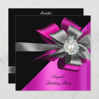 Pink Black Grey Silver Bow Pearl Birthday Party Invitation