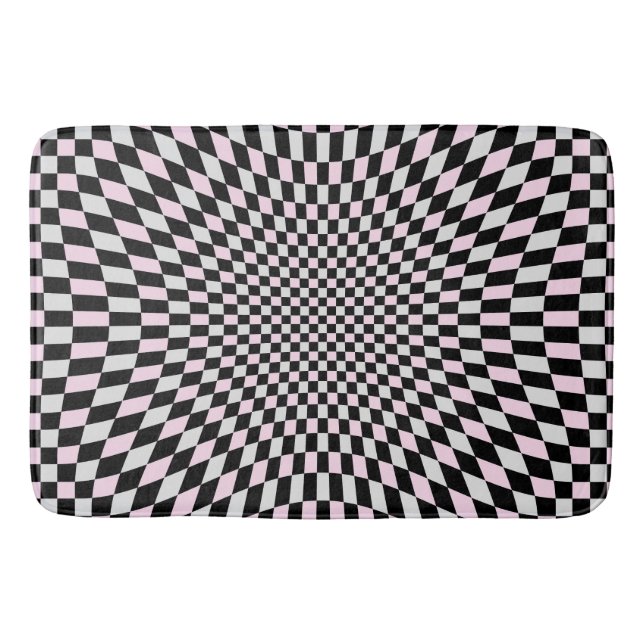 Pink Black Grey Trippy Checker Board Pattern Bath Mat (Front)