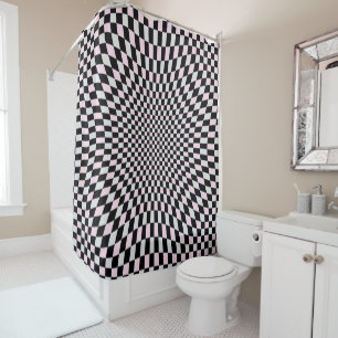 Pink Black Grey Trippy Checker Board Pattern Shower Curtain