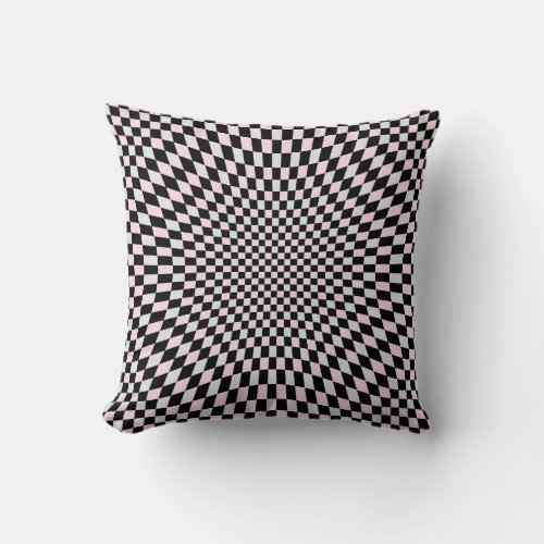Pink Black Grey Trippy Checker Board Pattern Throw Pillow