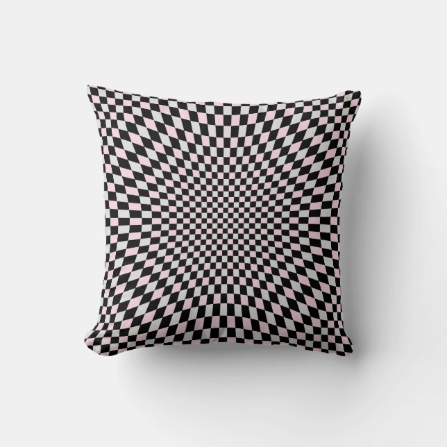 Pink Black Grey Trippy Checker Board Pattern Throw Pillow (Front)