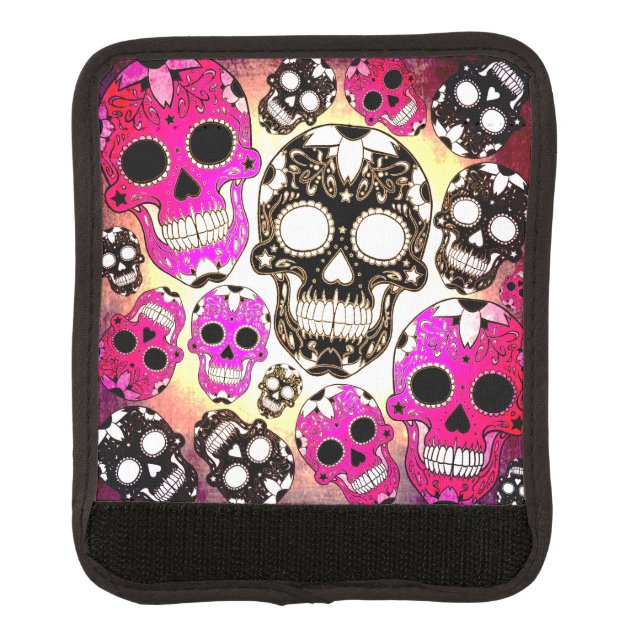 Pink black grunge sugar skulls luggage handle wrap (Front)