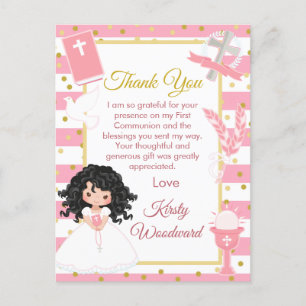 Pink Black Hair Girl First Communion Thank You Postcard
