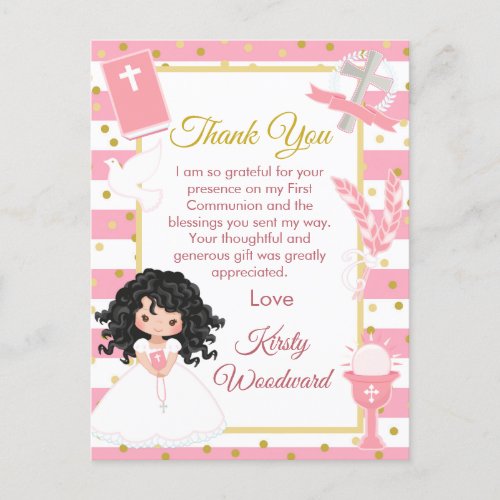 Pink Black Hair Girl First Communion Thank You Postcard