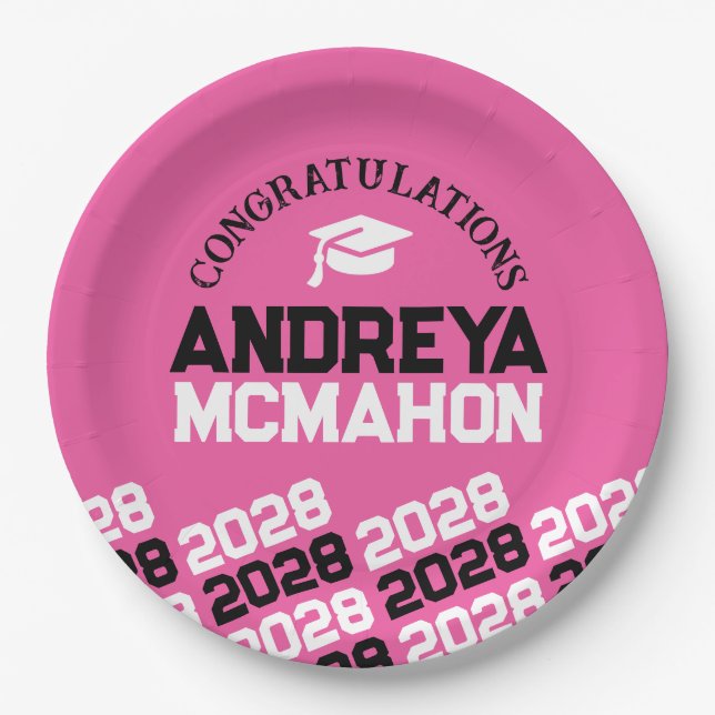 Pink & Black Half Repeat Grad Personalized Paper Plates (Front)