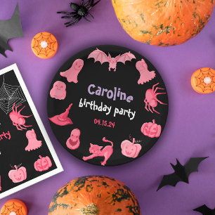 Pink black Halloween birthday party Paper Plate