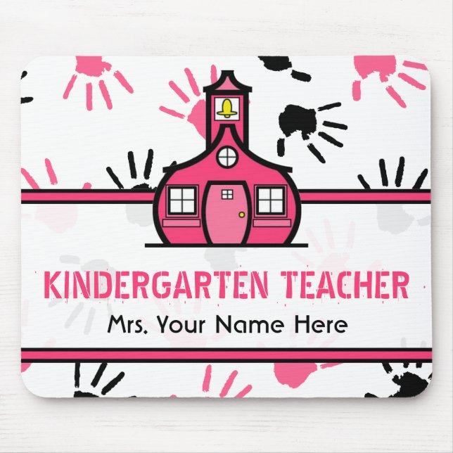 Pink & Black Handprints Kindergarten Teacher Mouse Pad (Front)
