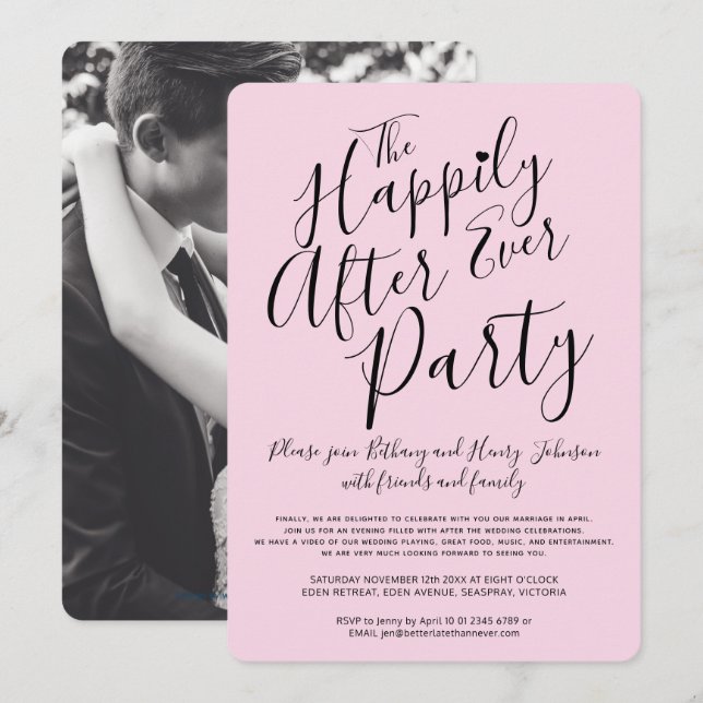 Pink black happily ever after wedding party invitation (Front/Back)