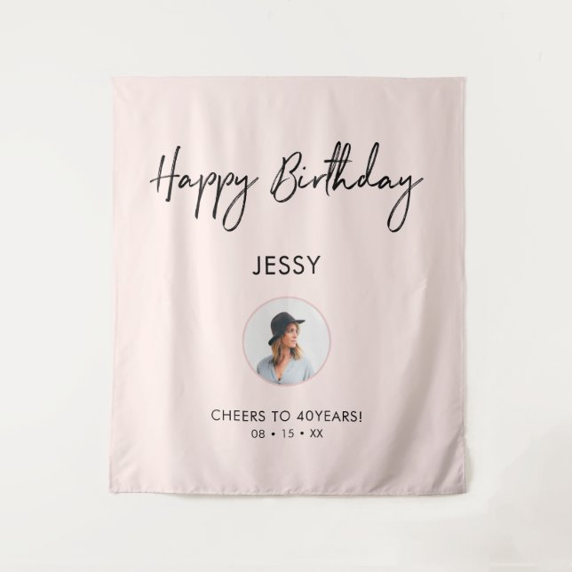 Pink & Black Happy Birthday Photo Party Backdrop (Front)