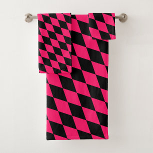 Pink Black Harlequin Diamonds Checkers Design Bath Towel Set