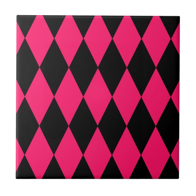 Pink Black Harlequin Diamonds Checkers Design  Ceramic Tile (Front)
