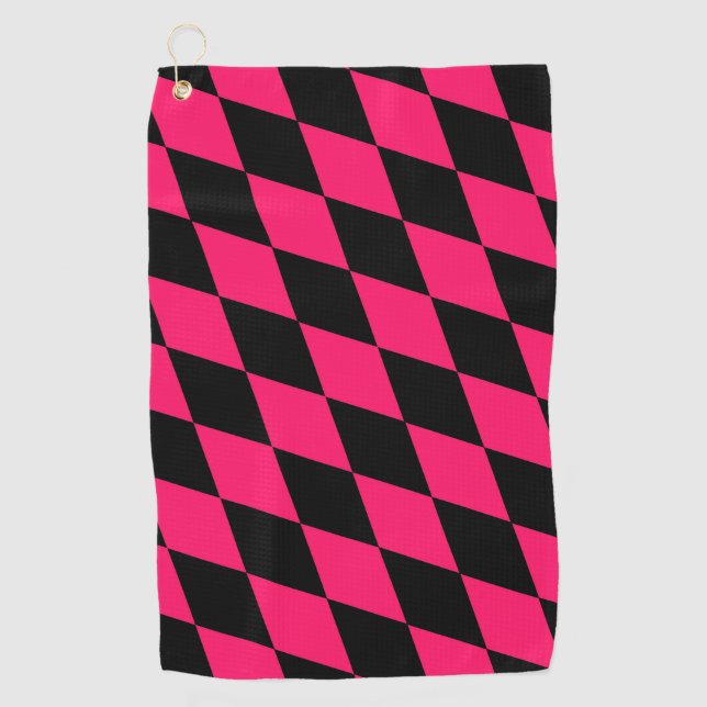 Pink Black Harlequin Diamonds Checkers Design  Golf Towel (Front)