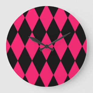 Pink Black Harlequin Diamonds Checkers Design Large Clock