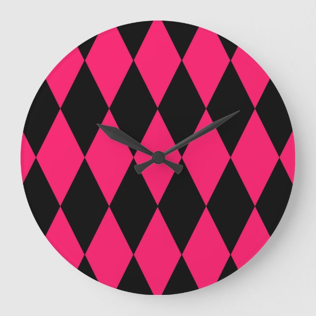 Pink Black Harlequin Diamonds Checkers Design  Large Clock (Front)