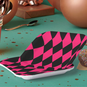 Pink Black Harlequin Diamonds Checkers Design  Paper Plates
