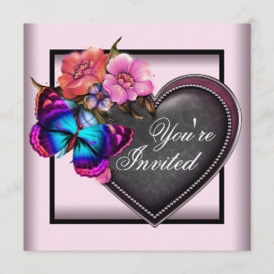 Pink Black Heart Butterfly Party Invitations