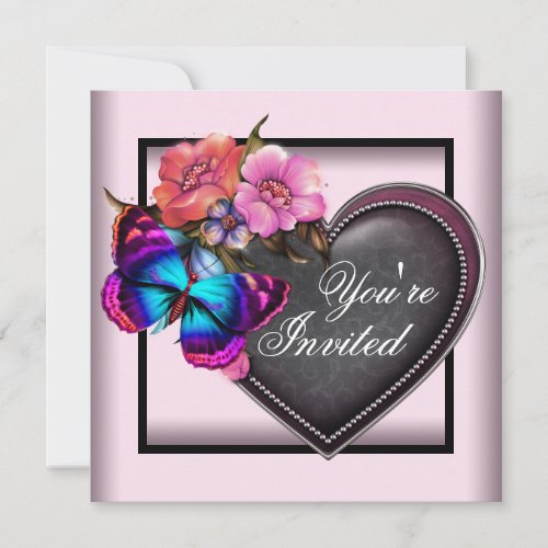 Pink Black Heart Butterfly Party Invitations