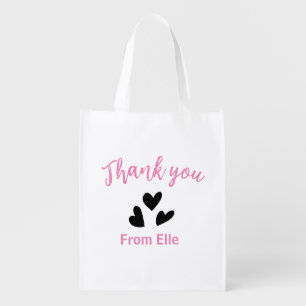 Pink black heart thank you from add name business  grocery bag