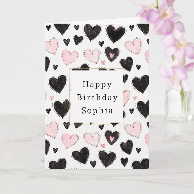 Pink Black Hearts Birthday Card (Orchid)