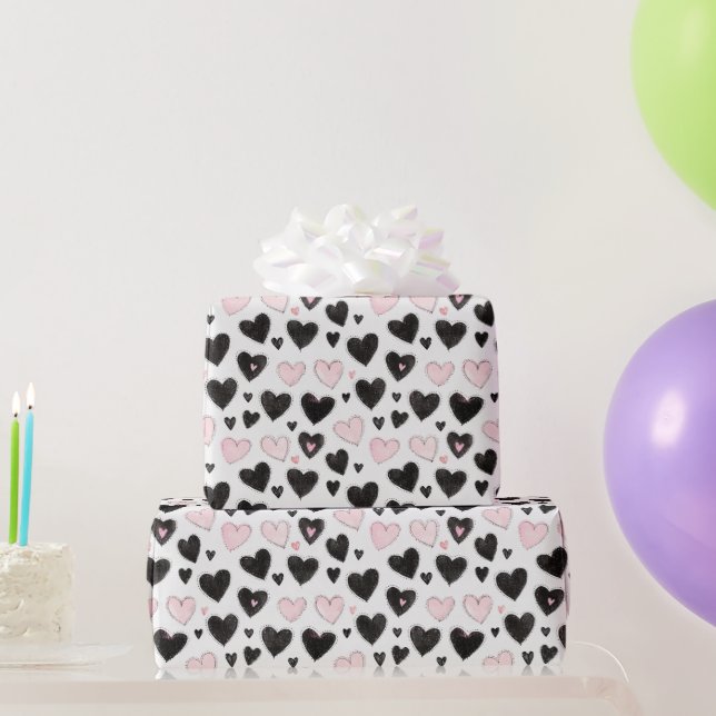 Pink Black Hearts Birthday Wrapping Paper (Party Gifts)