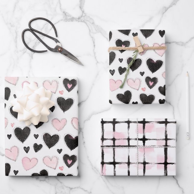 Pink Black Hearts Birthday Wrapping Paper Sheets (Front)