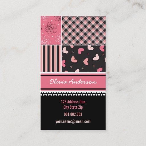 Customizable Pink Black Hearts Checks Stripes Plaid Pattern Business Card