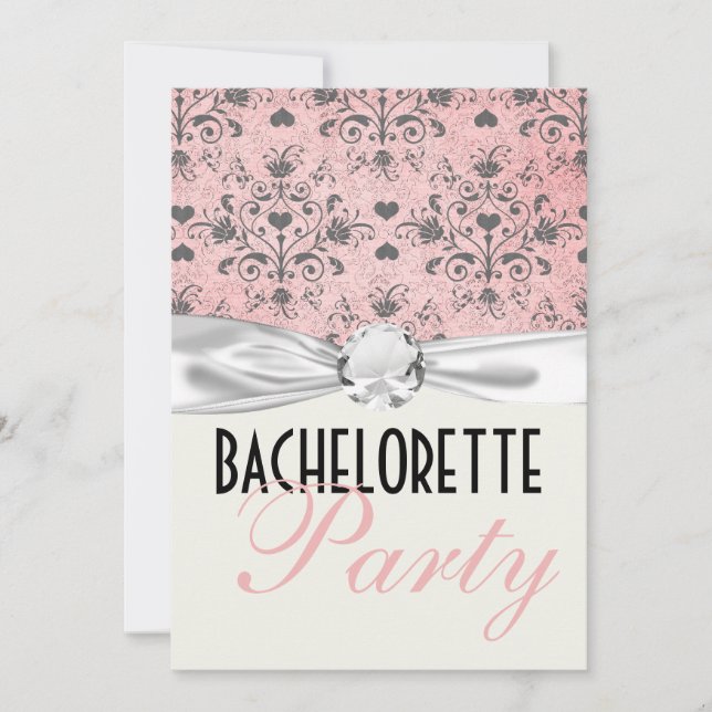 pink black hearts damask bachelorette party invitation (Front)