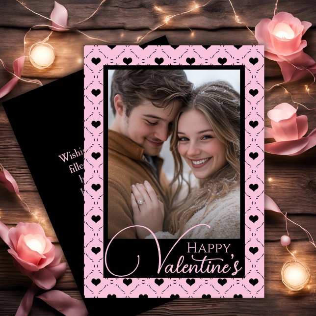 Pink & Black Hearts Happy Valentine's Custom Photo Holiday Card (Pink & Black Hearts Happy Valentine's Custom Photo Holiday Card)