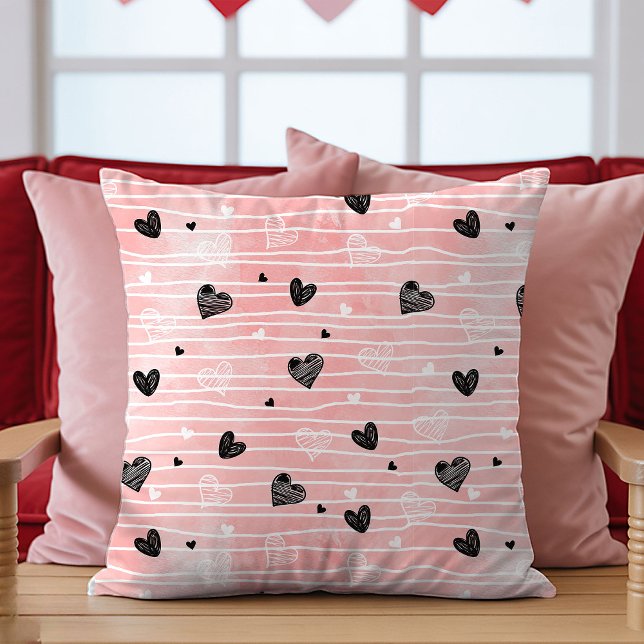 Pink Black Hearts Sketch Pillow Best Valentine’s  (Best Valentine’s Gift Pillow Pink Black Hearts Love)