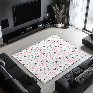 Pink Black Hearts Sketch Romantic Valentine Area Rug
