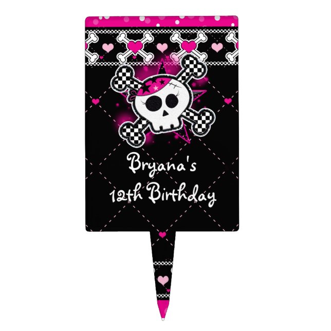 Pink Black Hearts Skull Crossbones Cake Topper (Front)