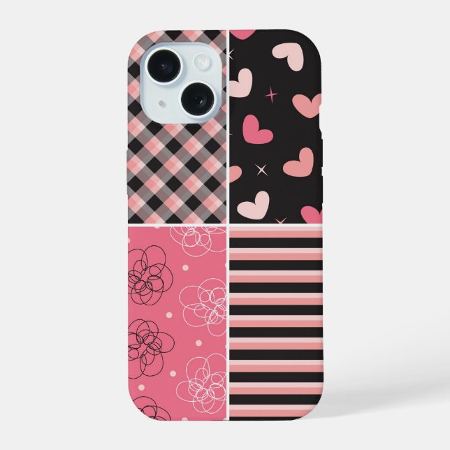 Pink Black Hearts Stripes Plaid Scribbled Pattern Iphone Case (Back)
