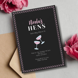 Pink Black Hens Party Cocktail Glass Invitation