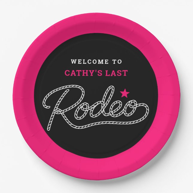 Pink Black Her Last Rodeo Bachelorette Party Paper Plates (Front)