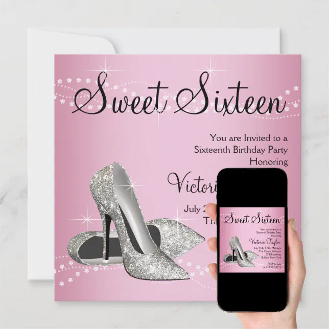 Pink Black High Heels Sweet 16 Party Invitation 