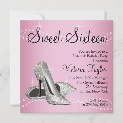 Pink Black High Heels Sweet 16 Party Personalized Announcement