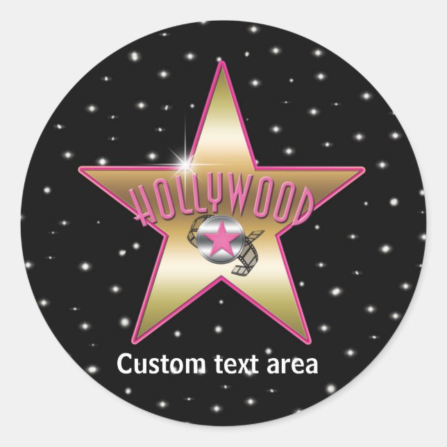Pink Black Hollywood Gold Star Party Sticker (Front)