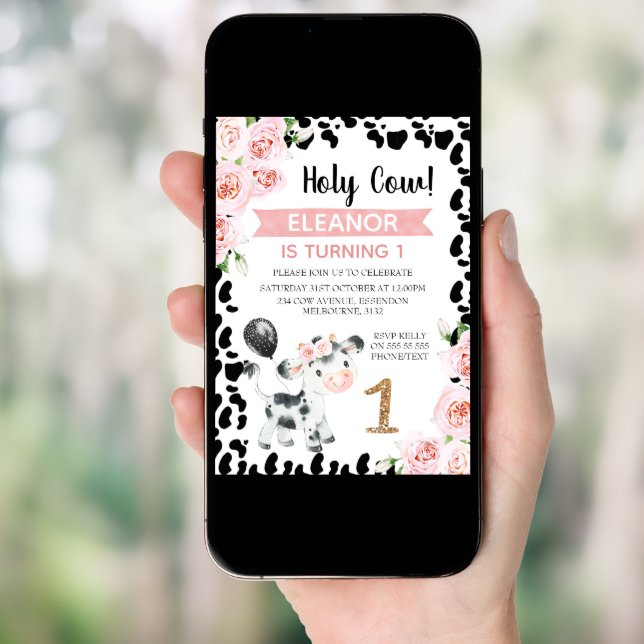 Pink Black Holy Cow Floral Cow Print 1st Birthday Invitation (Front Digital)