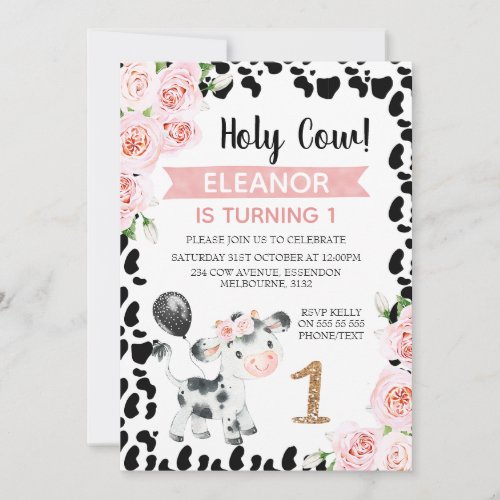 Pink Black Holy Cow Floral Cow Print 1st Birthday Invitation