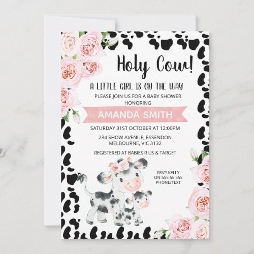 Pink Black Holy Cow Floral Cow Print Baby Shower Invitation