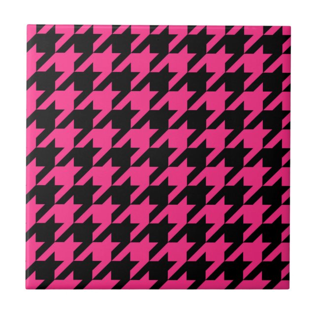Pink Black Houndstooth Check Ceramic Tile (Front)