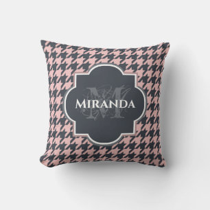 Pink Black Houndstooth Monogram Name Throw Pillow