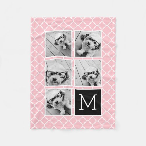 Pink  Black Instagram 5 Photo Collage Monogram Fleece Blanket