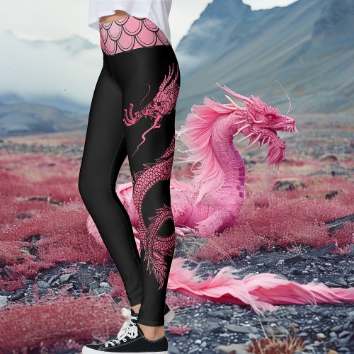 Pink Black Iridescent Scales Chinese Dragon Leggings