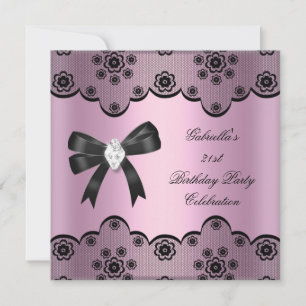 Pink Black Lace Elegant Birthday Party Diamond 2 Invitation