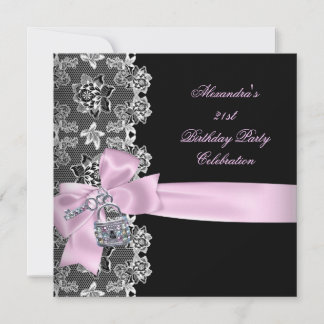 Pink Black Lace Floral Birthday Party Key Lock Invitation