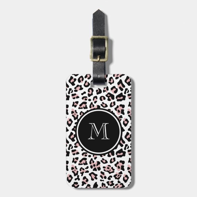 Pink Black Leopard Animal Print with Monogram Luggage Tag (Front Vertical)